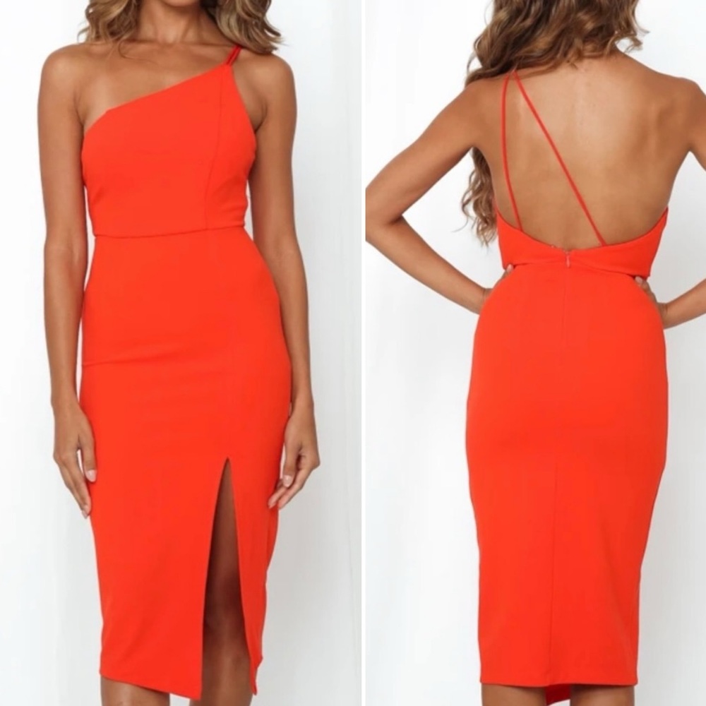 Hello Molly One-Shoulder Red Midi Dress